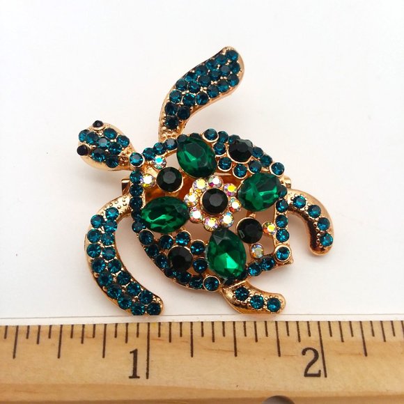 Turtle Brooch Rhinestone Pin Stylish Sea Sparkle Glam Inlayed Bold Tortoise NEW - Picture 5 of 5